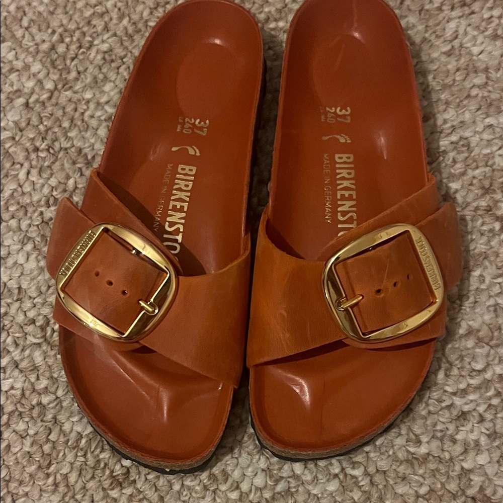 Birkenstock Burnt Orange Slides with Gold Buckle